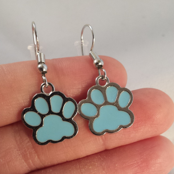 Kristy's Jewels Jewelry - Silver Blue Cat Dog Paw Earrings Hypoallergenic Hk